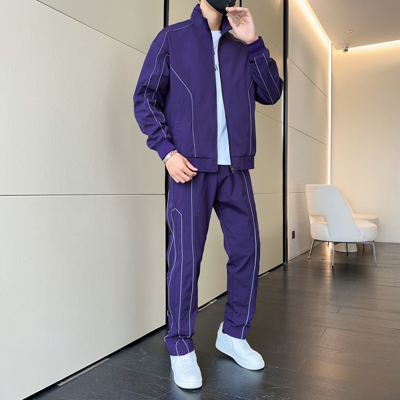 Outdoor Sport Winter Jacket - メンズスタンドカラー長袖ジッパーカーディガンジャケットトップ弾性ハイウエストパンツカジュアルスポーツファッションスーツ