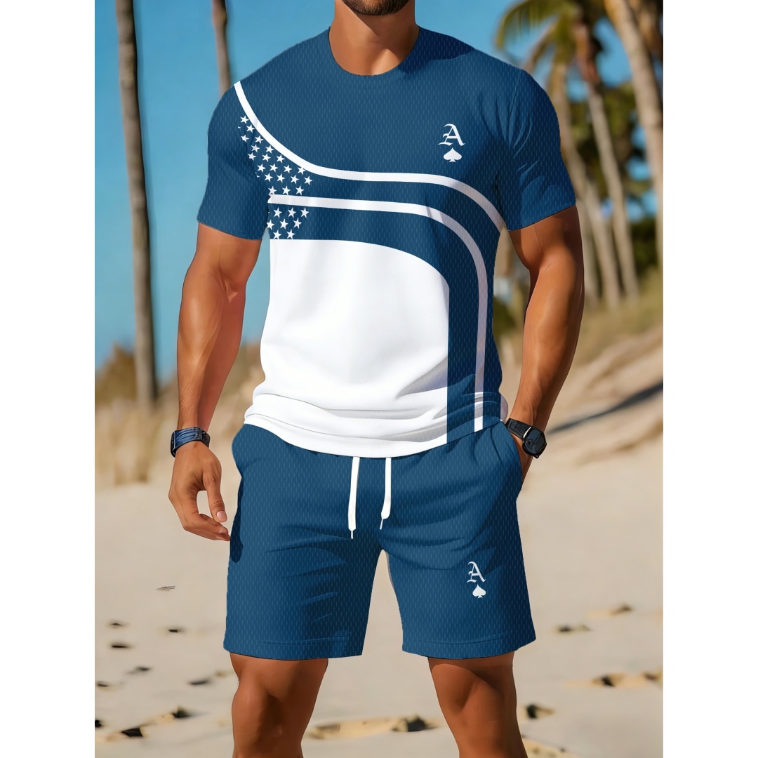 Outdoor Sport Outfit - 夏のメンズカジュアルトレンド、曲線グラフィックプリントの2ピースセット、柔らかい生地で速乾性、通気性に優れたアウトドアワークアウト、ビーチスポーツウェア
