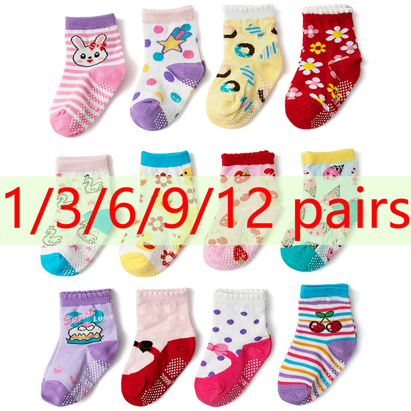 Trampoline Park Sock - 1/3/6/9/12 ペア子供用フロアソックスセット女の赤ちゃん用綿滑り止めかわいい漫画柄通気性ベビートランポリンソックス