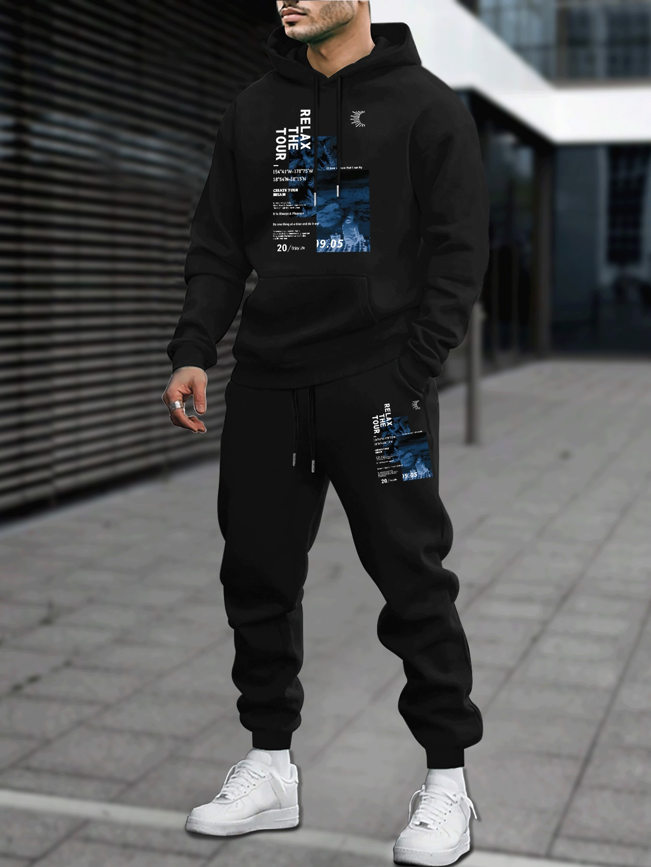 Outdoor Sport Hoodie - 男性秋冬パーカースウェットパンツ 2 点セットアメリカンハイストリートグラフィックプリントトラックスーツ男性ルーズカジュアルスポーツマッチング