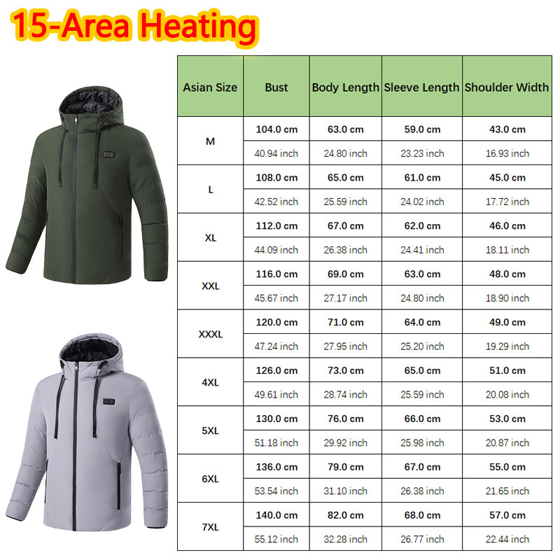 15 エリア加熱式冬用フード付きジャケット男性用暖かい加熱ジ - Outdoor Sport Area のレビューと価格