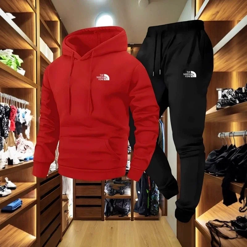 メンズ秋冬柄カジュアルツーピースセット、フード付きスウェット - Outdoor Sport Hoodie のレビューと価格